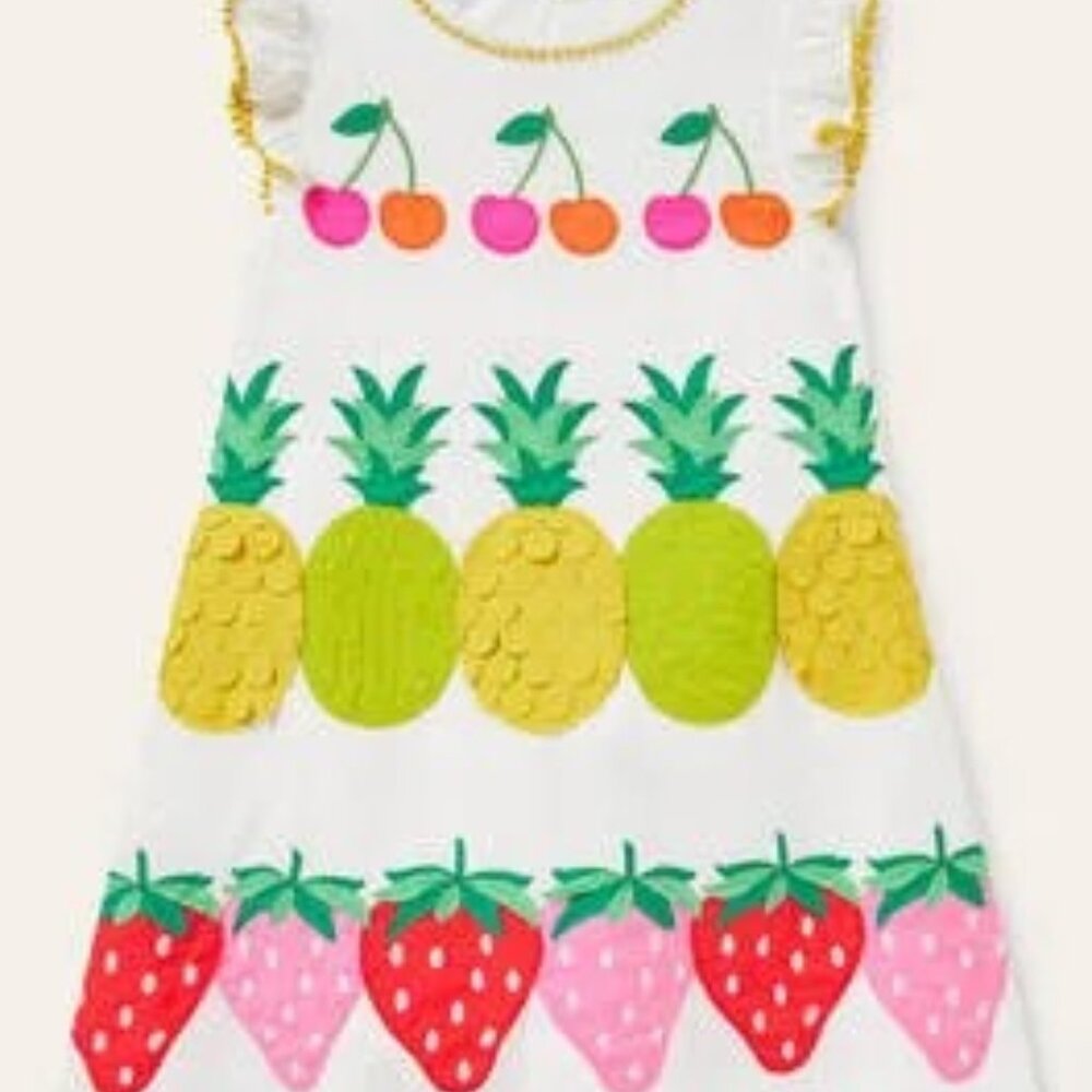 Mini Boden Big Appliqué Woven Dress, White Fruit, S 6-7Y 122cm